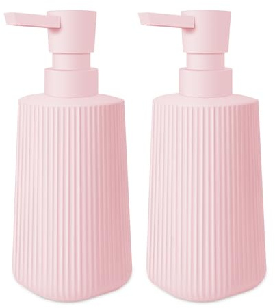 HMJIA Seifenspender Glas Spülmittelspender mit Geriffelt-Design 250ml Seifenspender Küche mit Pumpspender für Arbeitsplatten für Badezimmer und Küchenspülen (2, Rosa)