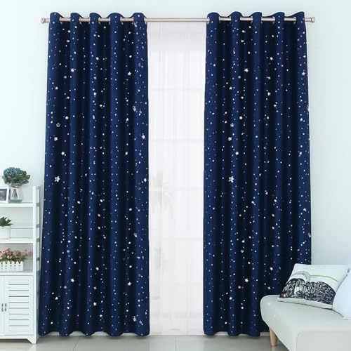 Freyamy Kinderzimmer Vorhang 2x160x132cm(HxB) Stern,Modern Dunkelblau Kinder Blickdichte Sterne Gardinen Jungen Mädchen Ösenvorhang für Wohnzimmer Mädchenzimmer Vorhang Mit Ösen