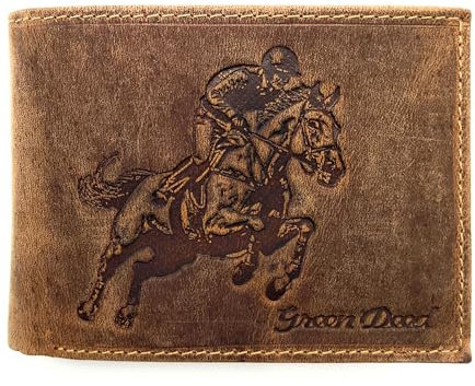 Lemasi echt Leder Geldbörse Herren aus Hunterleder Dunkelbraun mit geprägtem Motiv, RFID Schutz, kompakter Geldbeutel mit Kartenfächern, Münzfach und Geschenkbox (Reiter & Pferd)