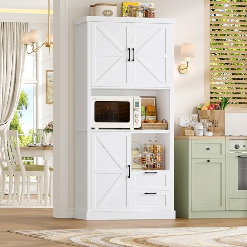 HOCSOK Kitchen Cupboard, Large Countertop with Cable Hole, 2 Smooth Drawers | 193cm Tall Kitchen Storage Cabinet with 3 Farmhouse Doors, 1 Open Compartment, Dining Room, Living Room, White