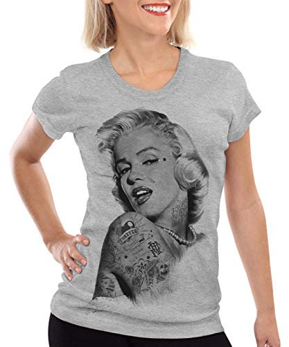 style3 Marilyn Tattoo T-Shirt Damen Hollywood Star Monroe, Farbe:Grau meliert, Größe:XS