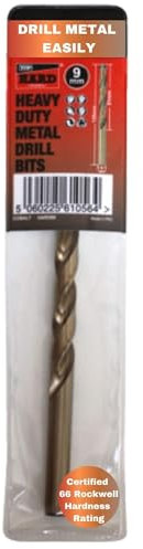 Cobalt M35 metric 9mm drill bit for metal by TTP HARD drills | Single 9mm cobalt drill bits | added cobalt for drilling harder metals |Easy to use & long life | Easily drill chrome, stainless steel, hardox 450, cast iron and aluminium | Heavy duty and designed for drilling harder metals and alloys | maintains cutting abilities at higher temperatures | reduced heat build up | can be resharpened | Certificate of Hardness from SGS Testing