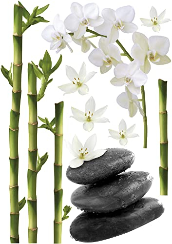 Plage Sticker Autocollant décoratif Zen 68x48cm, Photo tiges Bambou, Galets et orchidées. Décorez Votre intérieur avec ce Sticker Autocollant Zen !, Vert