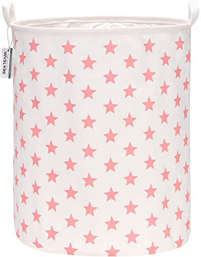 Sea Team 19.7 Inch Large Sized Waterproof Coating Ramie Cotton Fabric Folding Laundry Hamper Bucket Cylindric Burlap Canvas Storage Basket with Stylish Pink Star Design