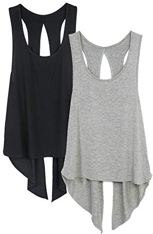 icyzone Damen Sport Top Rückenfrei Fitness Yoga Shirt Ärmellos Sport Oberteile, 2er Pack (M, Black/Grey)