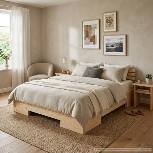 TUGA - Holztech Massives Balkenbett Doppelbett mit und ohne Überstand Daybett Boxspringbett (mit seitlichen Überstand, 100 x 200)
