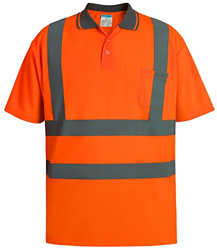 SHORFUNE Reflektierendes Sicherheitshemd mit hoher Sichtbarkeit, Klasse 2, kurze Ärmel, Orangefarbenes Poloshirt, Large