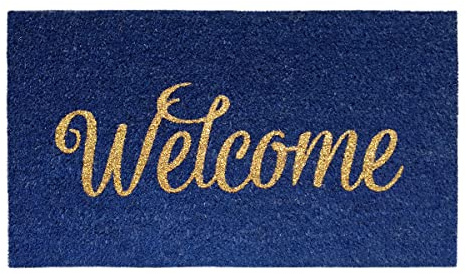 Banzaii Kokos-Fußmatte 40 x 70 cm mit Rutschfester PVC-Rückseite mit Glitzer Applikationen - Welcome Blau