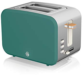 Swan Nordic Breitschlitz-Toaster für 2 Scheiben, 3 Funktionen, 6 Bräunungsstufen, modernes Design, Edelstahl, Griff in Holzoptik, mattgrün, Grün, Matt