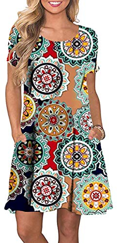 OMZIN Damen Casual Kleider Lässiges Basic Casual Kleid Rundhals Swing Kleid Grüner Ring XL
