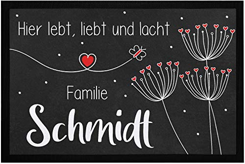 SpecialMe® Fußmatte mit Namen Pusteblumen Hier lebt liebt und lacht Familie [Familienname] rutschfest & waschbar weiß 60x40cm