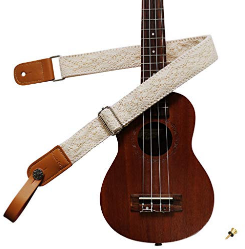 MUSIC FIRST Ukulelengurt aus echtem Leder, Vintage-Stil, mit weicher Spitze und echtem Leder, cremefarben