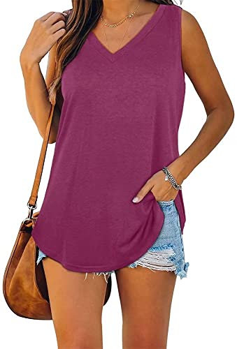 ASKSA Camicetta da donna con scollo a V, senza maniche, tinta unita, estiva, elegante, casual, vestibilità larga, confezione multipla, fucsia, XL