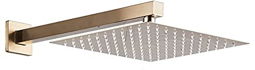 GLYYRLR Kopfbrause Gebürstetes Gold Regenduschkopf 304 Edelstahl Regenbrause Hoher Druck Einbauduschköpfe Anti Kalk Quadrat Einstellbar Duschkopf Luxus Wasserfall Regendusche mit Brausearm,12 Inch