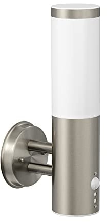 ledscom.de Wandleuchte PORU für außen, IP44, Bewegungsmelder, Edelstahl, edelstahl matt, rund, 1x E27 max. 15W