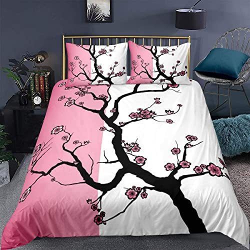 Japanischer Bettwäsche Sakura-Baum-Kirschblüten-Bettbezug-Set Zeichnungsdesign Kontrastfarben Druck Dekoratives Bettwäsche-Set 155x220cm mit 1 Kissenbezug,Rosa Schwarz & Reißverschlüsse Krawatten