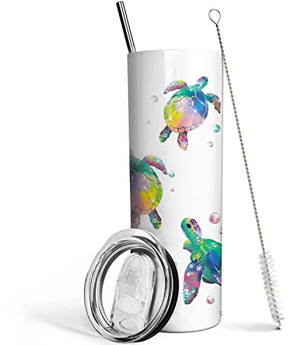 Mofvugz Sea Turtle Gifts - 20 Oz Double Wall Vacuum Insulated Stainless Steel Tumbler with Lid and Straw - Watercolor Ocean Turtle Cup, Travel Coffee Mug