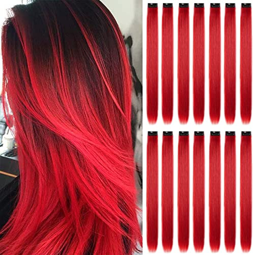 16pcs Extensions a Clip Cheveux Couleur, Mèches Cheveux Colorées Postiches Raides et Longues Synthétiques Résistants à La Chaleur Fête Accessoires Cheveux Fille (22Inch,Rouge)