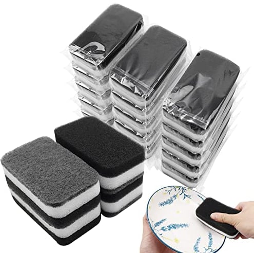 Kitchen Dishwashing Sponge Individually Wrapped Sponges, Bulk Non Scratch Scouring Pad Odor-Free Dish Sponges for Washing Dishes Wipes for Household Cleaning Dishes Travel Apartments (Black- 36 Pack)