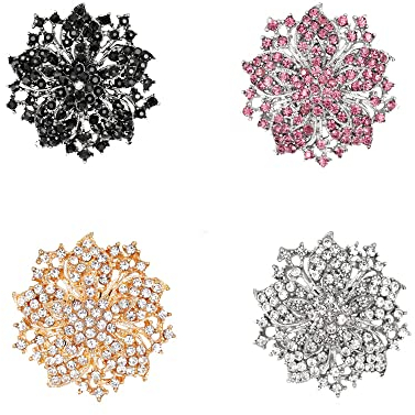 Oenothera 4pcs Corsage Bouquet Dekor, Flower Broschen Pins, Pin Für Frauen, Silber Kristall Taste Broschen für Hochzeit Bouquet Broaches Kit Frauen Kleid Dekorationen (Mehrfarbig)