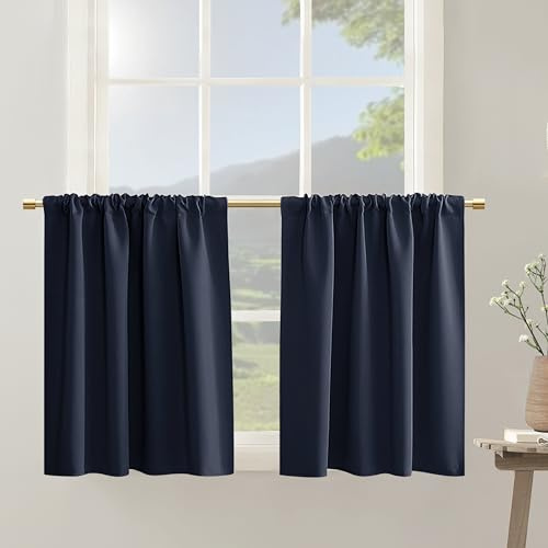 Verdunklungsvorhänge, Marineblau, Kurze Vorhänge, 61 cm Länge, für Wohnmobil, Küche, Keller, Set mit 2 Paneelen, wärmeisoliert, Raumverdunkelung, Stangentasche, Kleiner Fenstervorhang für Badezimmer