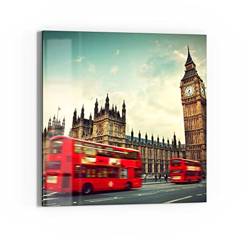 DEQORI Glasbild Echtglas | Motiv Rasende Busse vor Big Ben | quadratisch einteilig 50x50 cm | schöne Dekoration | Wandbild für Wohnzimmer, Schlafzimmer, Flur & Küche | moderne Wanddeko