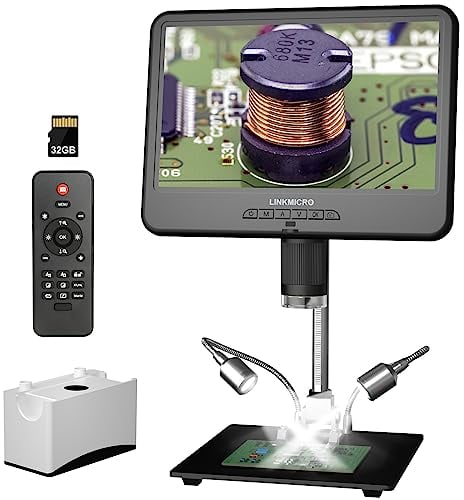 LINKMICRO LM210 Microscope numérique LCD 25,8 cm avec vue complète pour pièces d'erreur, microscope à souder pour réparation électronique, loupe de pièces 260x avec lumières, [support de microscope de