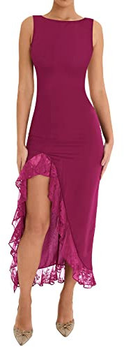 Y2k Robe longue moulante à bretelles spaghetti et coupe basse sexy dos nu, Aa-rose rouge, Taille S