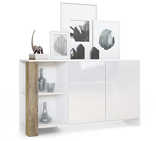 Vladon Sideboard Canto, Made in Germany, Lange Anrichte mit 2 Türen und 6 Fächern, Korpus Weiß matt, Fronten Weiß Hochglanz, Dekor-Paneele Eiche Ribbeck (143 x 81 x 36 cm)