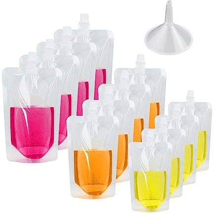 12 Pack Drink Pouch,Travel Pouch with Spout and Small Funnel,Festivals Reusable Drinks Flasks Leak Proof Juice Plastic Pouches Bags for Picnic Camping Party Beverage Drinks(3 Sizes)