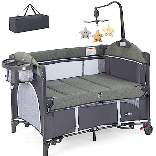 Baby Travel Cot, 5 in 1 Foldable Baby Bedside Sleeper with Bassinet Diaper Changer Mattress Carry Bag Music Box Hanging Toys, Portable Crib Playard Pack and Play for Newborn Infant (Classic)