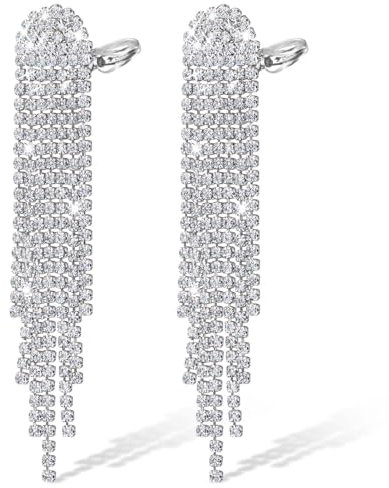 Ohrclips für Damen,Kucheed Strass Quasten Tropfen Ohrhänger,Silberne Kronleuchter Ohrringe,Leichte Nicht Durchbohrte Ohrstecker Lange Kristall Fransen Ohrringe,Schmuck für Hochzeit Party
