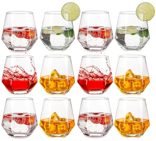 Inweder Juego de 12 Vasos de Vino Sin Tallo - Vasos de Whisky Antiguos de Moda, Ron, Vodka - Vidrio Geométrico Con Diseño de Pulpo - Regalo Para Hombres, Cumpleaños