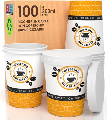 Eurocali 100 Bicchieri di Carta 200 ml, Biodegradabili e Compostabili, KIT 100 Bicchieri per Bevande Calde Monouso + 100 Coperchi in Carta con Beccuccio