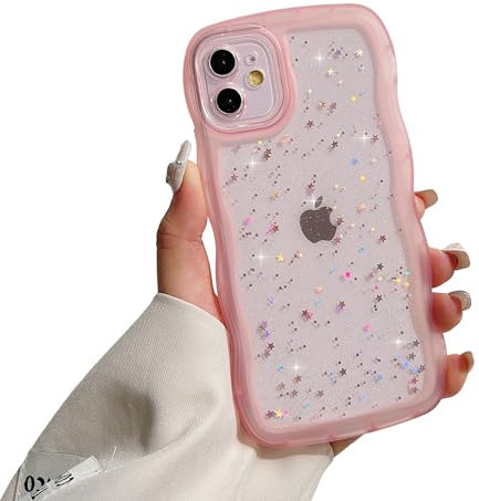ZTUOK Compatible with iPhone 11 Case for Girls Women,Cute Clear Sparkly Bling Star Design Curly Simple Wave Case Shockproof Protective Slim Soft TPU Glitter Cover for iPhone 11-Pink