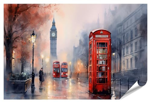 islandburner XXL Bild Poster Klassisches London Gemälde: Rote Telefonzelle und Bus Abstrakt Premium Bilder Fotodruck