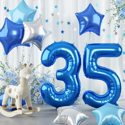 35th Birthday Balloon Decoration for Men, Big Self Inflating Dark Light Blue Silver Star Number 35 Foil Balloons, 40 Inch Royal Pastel Baby Blue 35 Helium Mylar Balloon for 53rd Birthday Party Decor