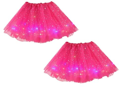 2er Pack LED Tütü Rock Kurz Damen 50er Tüllrock Minirock Stern Pailletten Rockabilly Petticoat Ballett Tanzen Unterrock Dehnbaren Ballettrock Vintage Erwachsene Tutu (2PCS Hot Pink, One Size)