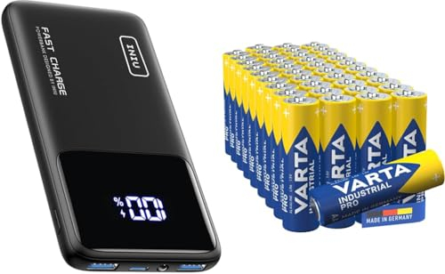 INIU Power Bank & VARTA Batterien AA, Industrial Pro, Alkaline Batterie, 1,5V, Vorratspack in umweltschonender Verpackung, Made in Germany [Exklusiv bei Amazon] 40 Stück