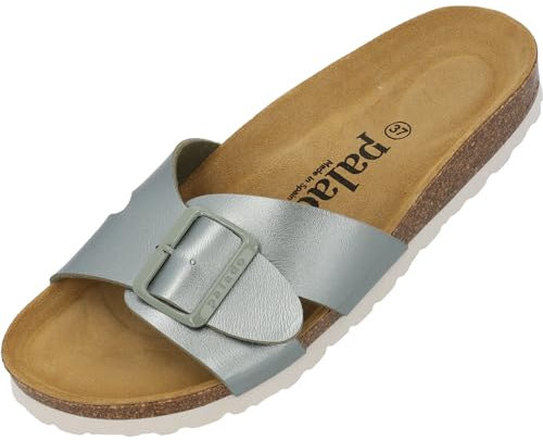 Palado Pantoletten Damen Tinos - bequeme Sandalen Made in Spain - elegante Hausschuhe mit Kork-Fußbett - modische Sommerschuhe Olive Metallic UK6 - EU39