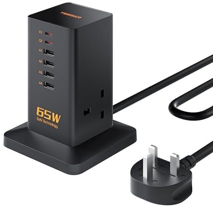 TESSAN USB C Fast Charger Plug, GaN PD 65W 6-Port USB Charging Hub with 2 AC Outlets, Desktop Multi Charger Block with 2m Extension Cord, Tower Charging Station for Smartphones, Laptops and Tablets
