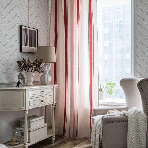 Daesar Weiß Vorhänge 2er Set, Vorhänge Lichtdurchlässig mit Haken mit Rot Gestreift Motiv 150x260CM Gardinen Halbtransparent Wohnzimmer Küche