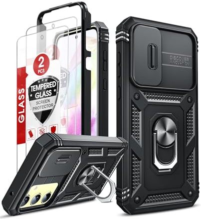 LeYi for Samsung Galaxy A35 5G Case with Camera Cover Slider, 360 Full Body Armour Phone Cover Tough Hard Protective | 2 Pack Tempered Glass Screen Protector | Ring Stand Holder for Samsung A 35 Black
