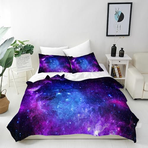ANHOPE Weltraum Lila Galaxie Nebel Bettwäsche Set 3 Teilig Bettbezug 200x220 cm & 2 Kissenbezug 80x80 cm Microfaser Bettbezüge mit Reißverschluss Weich Bettdeckenbezug Set für Kinder Jungen Mädchen