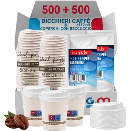G.M. DISTRIBUZIONE 500 Bicchieri Cappucino da 210ml con Coperchio a Beccuccio in Plastica, Bicchieri e Coperchi Usa e Getta, Ideale per Bar e Caffetterie, Asporto Bevande Calde