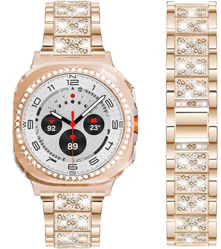 DEALELE Strap and Case Compatible with Samsung Galaxy Watch Ultra 47mm (2025/2024), Bling Rhinestone Metal Bands with Diamond PC Protective Case Cover Replacement for Women Men, Rose gold