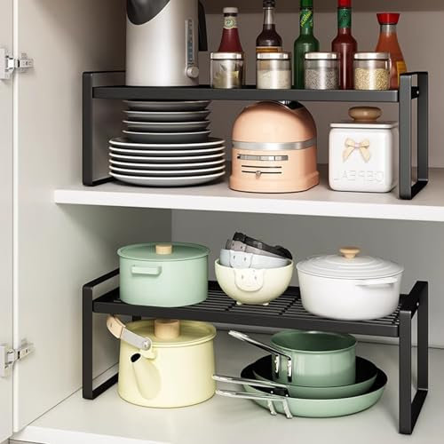 BAIEUEJO 2pcs Schrank Organizer Küchenschrank Organizer mit Anti-Rutsch Matte Küchen Organizer Regal Regaleinsatz für Küche/Bad/Tischplatte(2pcs,Black).