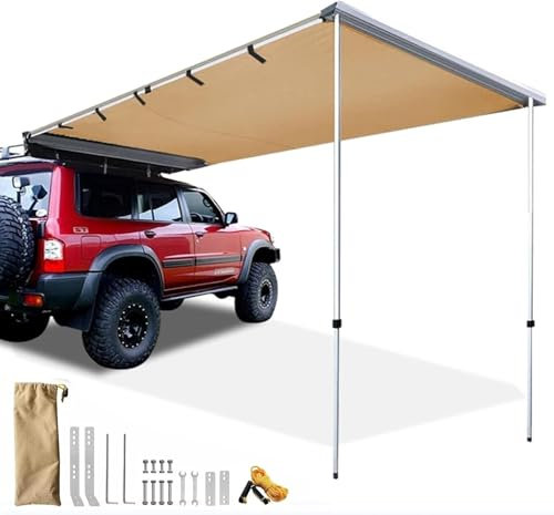 Auto-Overlanding-Markise, ausziehbare Fahrzeug-Sonnenschutz, wasserdichter Dachträger, LKW-Seitenmarkise, Unterstand, SUV-Überdachung, Wohnmobil-Zelt, Khaki, einfarbig, 200 x 200 cm/6,6 x 6,