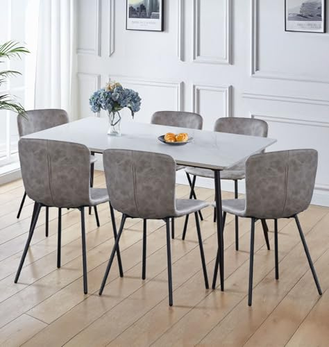 Hallowood Furniture Cullompton 160x90cm Dining Table and Chairs Set 6 | 160x90 Marble Effect White Kitchen Table and 6 Chairs in Taupe Faux Leather Upholstery, Dining Room Sets for Home or Cafe