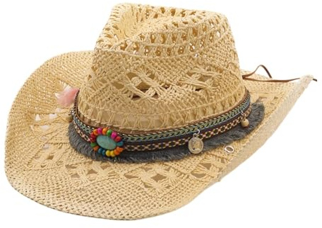 Chapeau de Cowboy Homme Femme Western Cowgirl Hat Brésilien Bohême Paille Panama avec Bande Chapeau de Soleil d'été Chapeau de Plage Cowboy Hat